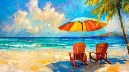 Poster - Oil painting style summer beach day in the Caribbean