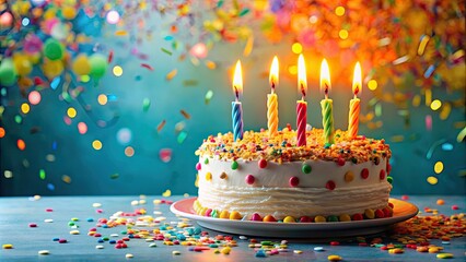 Poster - Happy birthday cake with burning candles on top, surrounded by colorful confetti for a festive celebration , birthday