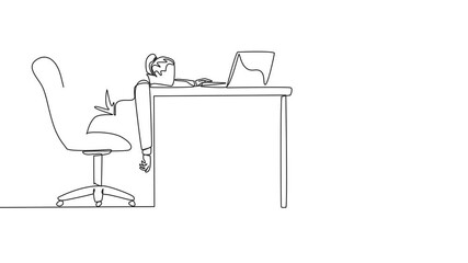 Poster - Self drawing animation of continuous one line drawing businesswoman sitting in a work chair looking tired. Too tired. Force work. Many deadline reports are wrong. Mentally tired. Full length animated