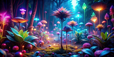 Canvas Print - Unusual plants in a magical forest at night illuminated by neon light, magical, forest, night, unusual, plants