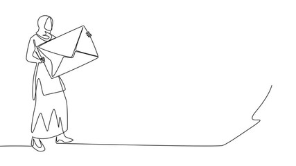 Poster - Animated self drawing continuous one line drawing Arab businesswoman throw the large envelope in trash. Delete digital data that is considered unimportant. Prone to data theft. Full length animation