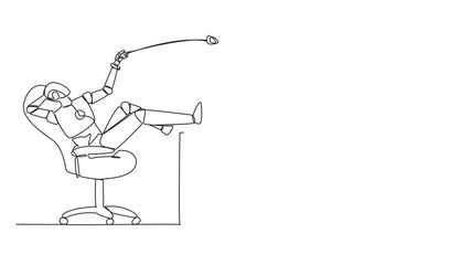 Wall Mural - Animated self drawing of single one line drawing robot sitting in chair throwing wads paper into the trash. Trying to reprogram artificial intelligence. Looking for better idea. Full length animation