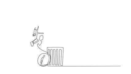 Poster - single continuous line drawing astronaut is lifted by a giant hand will be put into trash can. destr
