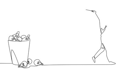 Poster - self drawing animation of single continuous line drawing businessman walking throwing light bulbs in
