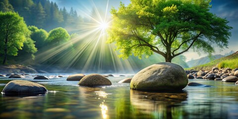 Wall Mural - River stone and tree with sun beam , nature, serene, tranquil, peaceful, outdoors, beauty, landscape, sunlight, zen, meditation