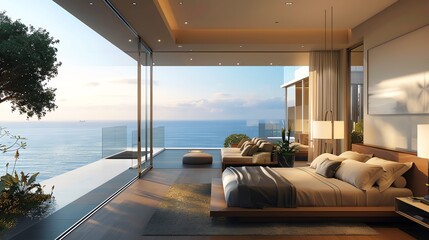 An exquisite modern bedroom with a breathtaking sea view