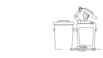 Poster - self drawing animation of single one line drawing robot peeking out of the trash can, there were lot