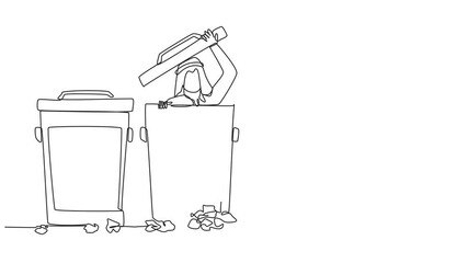 Poster - animation of continuous one line drawing arabian businessman peeking out of trash can, there were lo