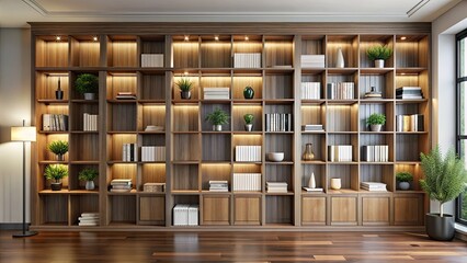 Wall Mural - Modern bookcase featuring wood trim and shelving in stylish interior, interior design, contemporary, furniture, decor