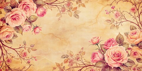 Wall Mural - Elegant vintage floral wallpaper featuring textured pink roses and delicate branches, vintage, floral, wallpaper, textured