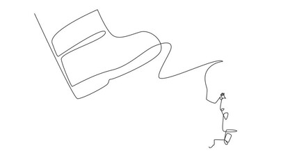 Poster - Animation of a single continuous line drawing astronaut carrying a piggy bank run away from the giant foot. Escape with the assets that will be used for the expedition mission. Full length motion
