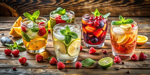 Canvas Print - Colorful summer drinks with fruits and ice cubes in glasses on a wooden background, summer, drinks, refreshing, colorful