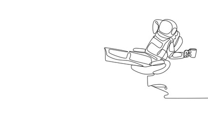 Poster - Self drawing animation of single continuous line drawing astronaut sitting in work chair holding mug. Foot resting on piggy bank. Relax for space expeditions departure schedule. Full length animated