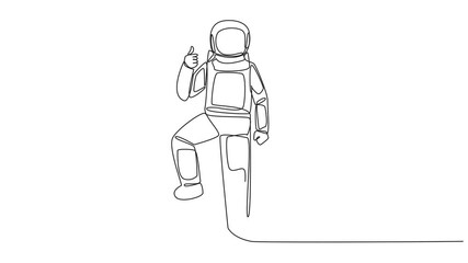 Poster - Animation of continuous one line drawing astronaut stands with thumbs up pose and steps on stack of banknotes with one of foot. Get important expedition sponsors. Space. Full length motion