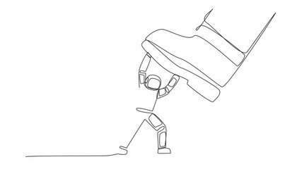 Poster - animation of a continuous one line drawing young astronaut holding back a giant foot that want to st