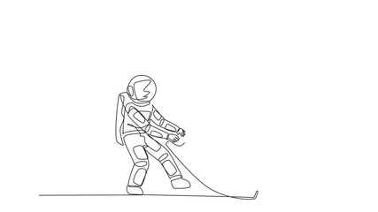 Poster - self drawing animation of single one line drawing astronaut pulling banknotes that were stepped on b
