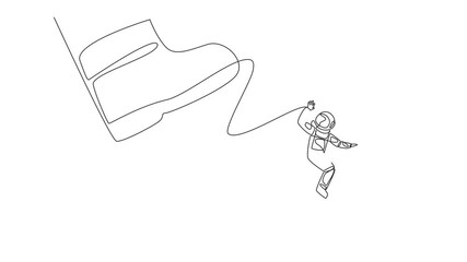 Poster - Self drawing animation of continuous one line drawing astronaut riding a rocket flies away from the giant foot. A bully who tries to ruin the flight schedule to the moon. Galaxy. Full length animated