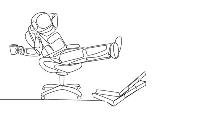 Poster - Self drawing animation of single one line drawing astronaut sitting relaxed in work chair holding mug. Funds collected. Sit back relax before going on an expedition to the moon. Full length animated