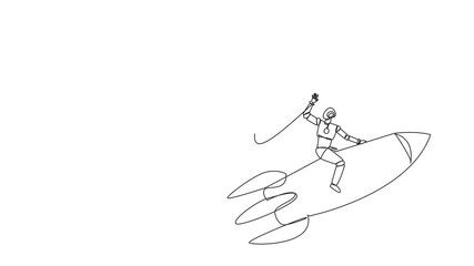 Poster - Self drawing animation of single continuous line drawing smart robot riding a rocket flies away from the giant foot. Survive big shocks and be ready to open a new business. Tech. Full length animated