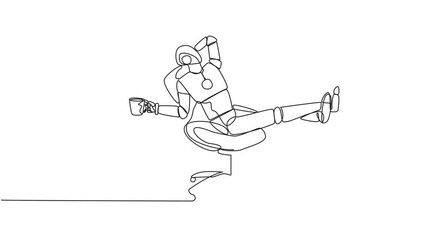 Poster - Animated self drawing of single one line drawing smart robot sitting on a office chair holding a mug. Foot resting on money bag. Profit multiplier robot. Future technology. Full length animation