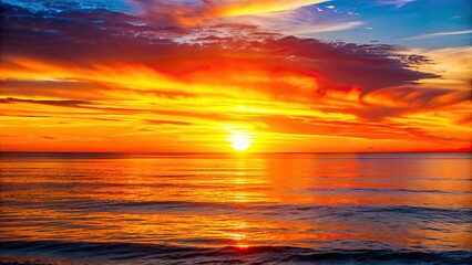 Canvas Print - Vibrant sunset over calm ocean waters, sunset, sea, water, reflection, horizon, sky, colors, beautiful, nature, peaceful, tranquil