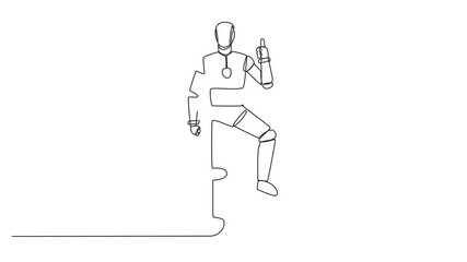 Poster - animation of continuous one line drawing robot stands with thumbs up pose and steps on piggy bank wi