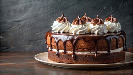 Canvas Print - Chocolate cake topped with whipped cream and drizzled with chocolate sauce on a background, chocolate cake