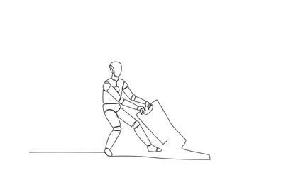 Poster - animated self drawing of continuous one line drawing smart robot pulling banknotes that were stepped