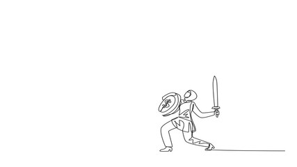 Poster - Self drawing animation of continuous one line drawing Arab businesswoman tries to ward off giant foot wants to step on her. Fierce battle to get potential big clients. Struggle. Full length animated