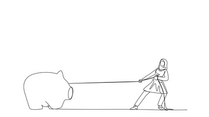 Poster - animation of a single one line drawing of arabian businesswoman trying to take a piggy bank stepped 