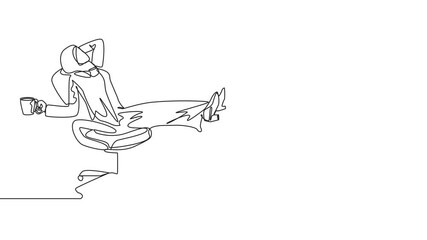 Wall Mural - Animated self drawing of single continuous line drawing young Arab businesswoman sitting in a work chair holding mug. Foot resting on money bag. Relax before doing charity work.  Full length animation