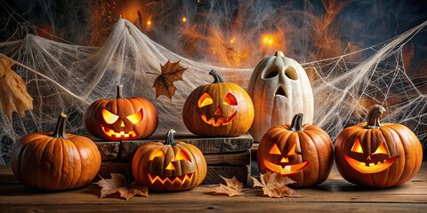 Poster - Spooky Halloween decoration with carved pumpkins, cobwebs, and ghosts , Halloween, decoration, spooky, carved pumpkins, cobwebs