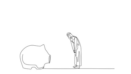 Poster - Animation of single continuous line drawing Arabian businessman nodded in front of the giant foot that stepped on the piggy bank. Received orders to make massive investments. Full length motion