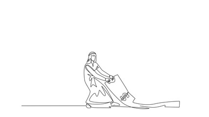 Wall Mural - Animated self drawing of single one line drawing Arab businessman pulling banknotes that were stepped on by the giant feet. Seize payment rights from unjust sovereigns. Struggle. Full length animation