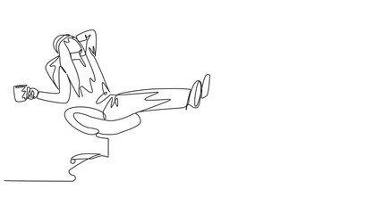 Poster - Animated self drawing of single continuous line drawing Arab businessman sitting relaxed in work chair holding mug. Foot resting on piggy bank. Enormity of assets collected. Full length animation