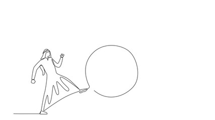 Poster - Self drawing animation of single one line drawing Arabian businessman kicking a coin with a dollar symbol. Actions that are not worthy imitation. Throwing away capital for free. Full length animated