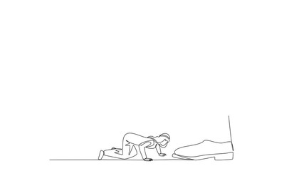 Poster - Animation of continuous one line drawing Arabian businessman kneels and licks giant foot. Begging to the investors to disburse reserve funds. Avoid bankruptcy. Struggle. Full length motion