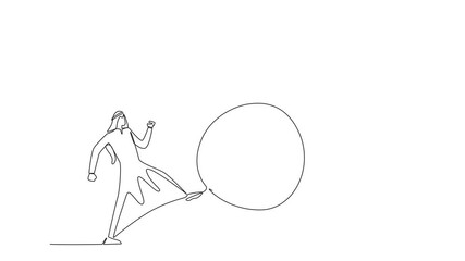 Poster - Animated self drawing of continuous one line drawing angry Arabian businessman kicking the money bag. Not appreciating what has been achieved. Wasteful. Wasting a lot of capital. Full length animation