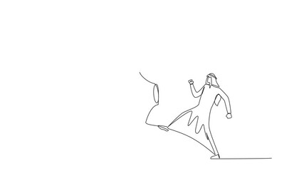 Wall Mural - Self drawing animation of single one line drawing Arab businessman kicking piggy bank. Emotions reduce intelligence. Wasting quite a large asset. Opportunity to invest is wasted. Full length animated