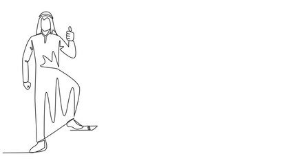 Poster - Animation of single continuous line drawing Arabian businessman stands with thumbs up pose and steps on stack of banknotes with one of foot. Marvelous feeling. Multiple profits. Full length motion