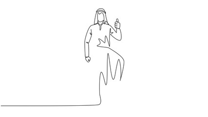 Poster - Self drawing animation of single one line drawing Arabian businessman stands in a thumbs up pose and steps on a large coin with a dollar symbol. The small capital for big profits. Full length animated
