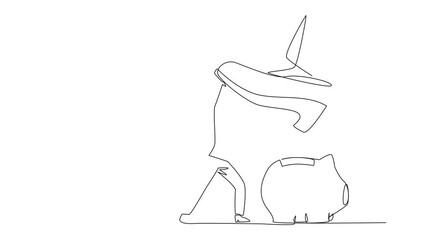Poster - Animation of a single one line drawing businesswoman holding back a giant foot that wants to step on piggy bank. Protect company assets at all costs. In order to maintain profits. Full length motion