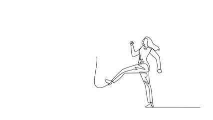 Poster - Animated self drawing of single one line drawing businesswoman kicking the piggy bank. Bad example. Doing useless things. Living without having assets. Difficulty in retirement. Full length animation