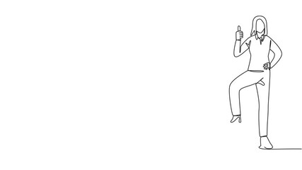 Poster - animated self drawing of single one line drawing businesswoman stands in a thumbs up pose and steps 