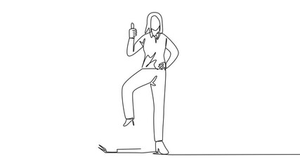 Poster - Self drawing animation of continuous one line drawing businesswoman stands with thumbs up pose and steps on stack of banknotes. Get a lot of benefits in a short time. Work smart. Full length animated