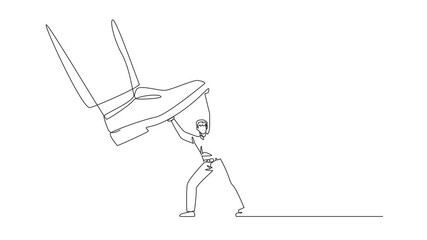 Poster - Animation of a single one line drawing businessman holding back the giant's foot that wants to step on the money bag. Restrain greed that wants to destroy business profits. Full length motion