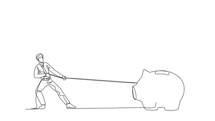 Poster - Animation of a single one line drawing businessman trying to take piggy bank stepped on by a giant foot. Attempting to take ownership of the investment. Fight to get a decent life. Full length motion