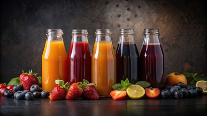 Poster - Fresh and colorful assortment of fruit juices in glass bottles, juice, fresh, colorful, assortment, fruit, bottles, healthy