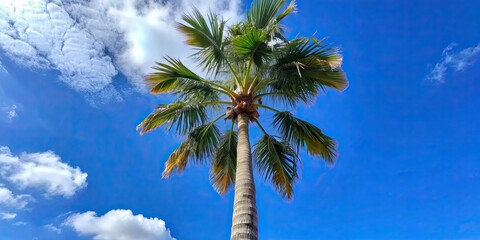 Poster - Tall palm tree against a clear blue sky, tropical, exotic, palm leaves, nature, paradise, vacation, summer, tropical beauty