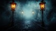 © lertsakwiman - Mysterious foggy street at night with old-fashioned lampposts casting an eerie glow, creating a spooky and atmospheric scene.